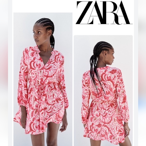 Zara Dresses & Skirts - Zara Button-Down Printed Mini Dress Pink and White Large